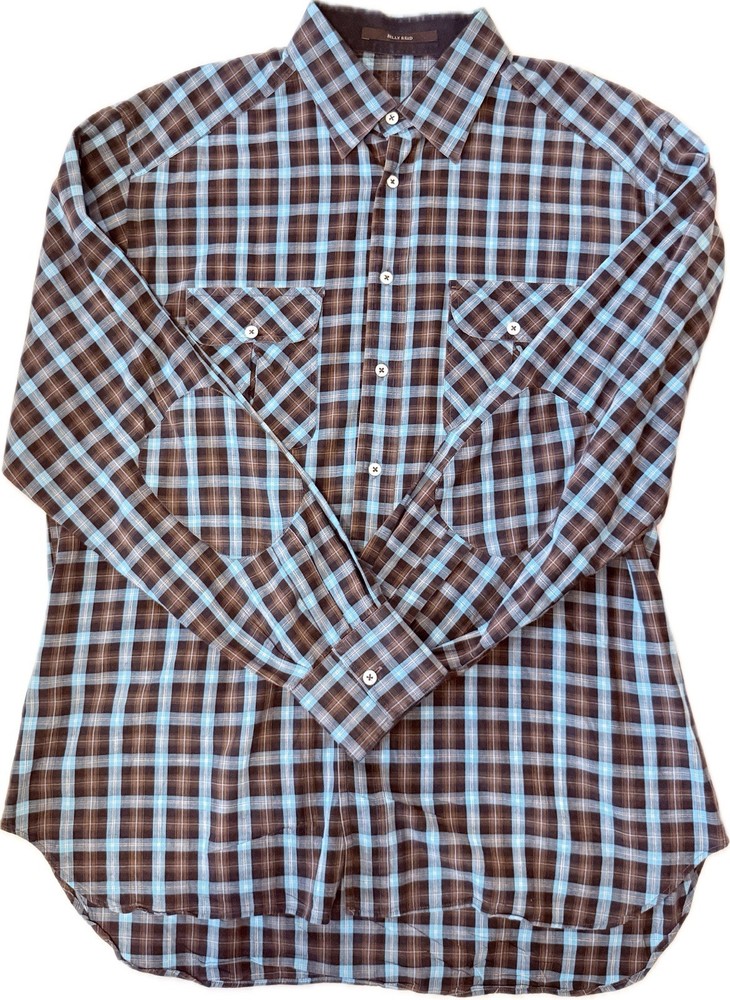 Billy Reid Men’s Brown/Black/Aqua Plaid Cotton L/S Button Down Shirt XL – EUC