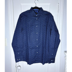 Elite Serica Men’s Navy Blue Dot Pattern 100% Cotton Long Sleeve Dress Shirt L