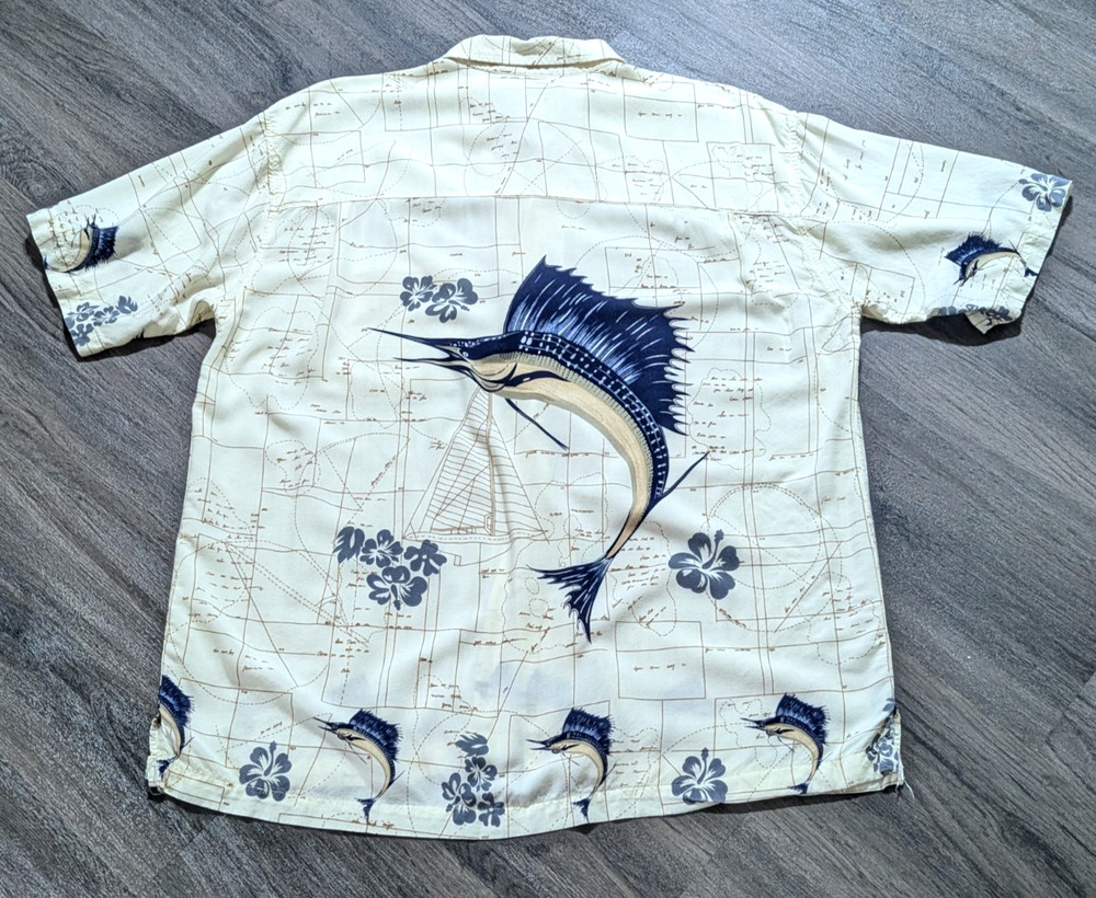 Marlin Fish Nautical Map Splatt Large Silky Rayon Camp Hawaiian Button Up Men LG