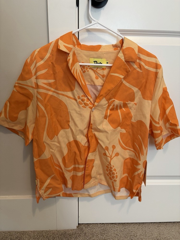 NWT Duvin Design Co Las Olas Orange Floral Hibiscus Crop Button Up Shirt Medium