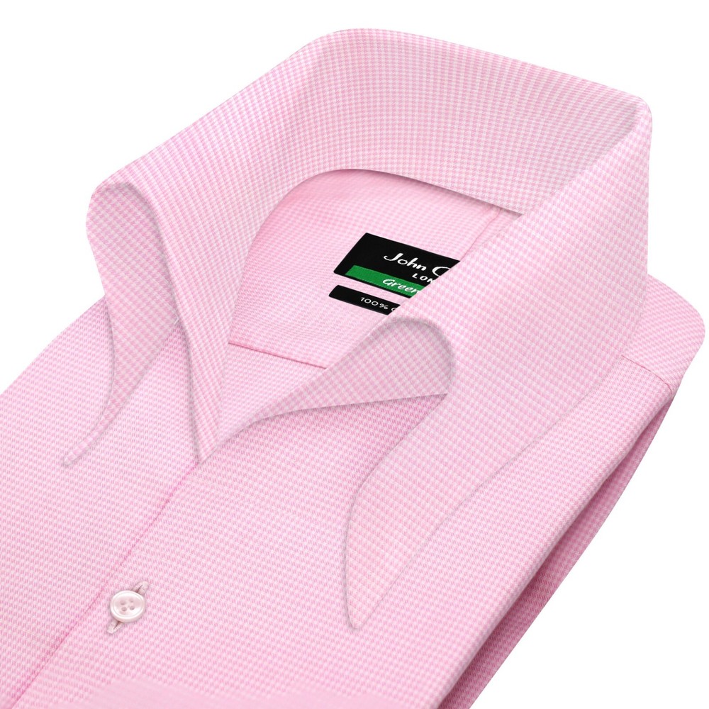 Men High Open Button Down Collar Buttonless Pink Houndstooth Formal Events Shirt