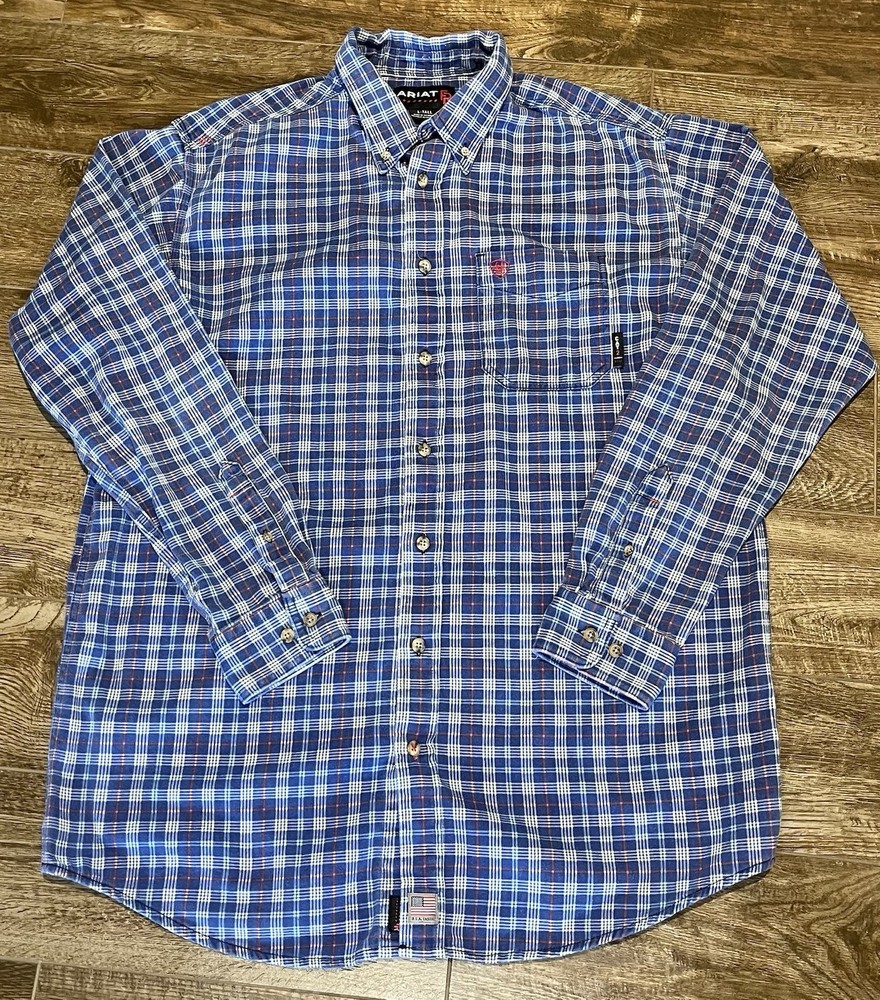 Ariat Work FR Button Down Shirt Mens Large Tall Plaid Cat 2 Flame Resistant