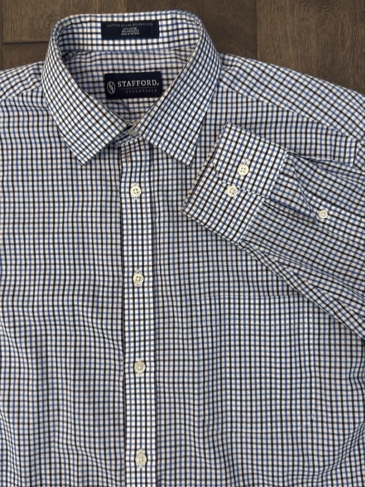 Stafford Essentials Men’s Size 16 Blue Gingham Check Button Up Long Sleeve Shirt