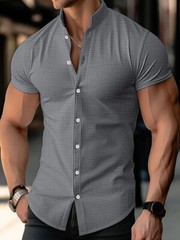 Men Summer Button Up Shirts Solid Short Sleeve Casual Formal Work Tops Shirts