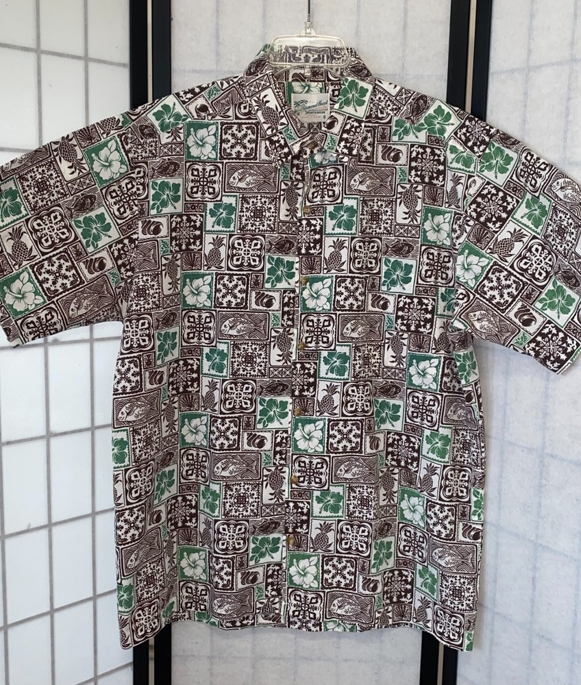 Vintage 70s Diamond Head Fish Shell Pineapple Hibiscus Tapa Floral Men’s L Shirt