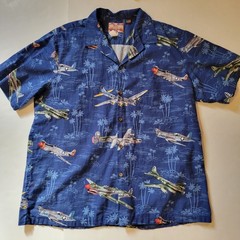 RJC Hawaiian Shirt Mens 2XL WWII Military Fighter Bomber Airplanes Navy USA