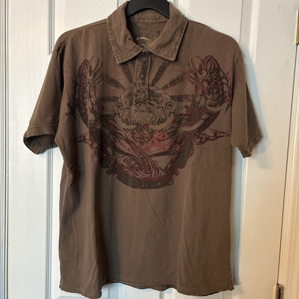 Counter Intelligence Men’s Dragon Graphic Polo Shirt Grunge Y2K Brown
