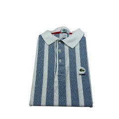 Vintage Izod Lacoste Mens XL Blue White Striped Short Sleeve Polo Shirt USA Made