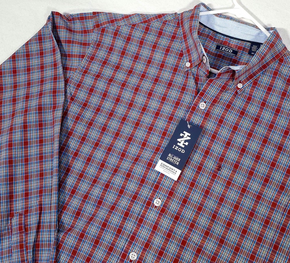 IZOD Performance Comfort Plaid Button Down Shirt Mens XLT NEW Navy/Red/White NWT
