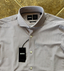 Hugo Boss Max Sharp Fit Performance Dress Shirt 16 34/35 Brown Geo $149 NWT
