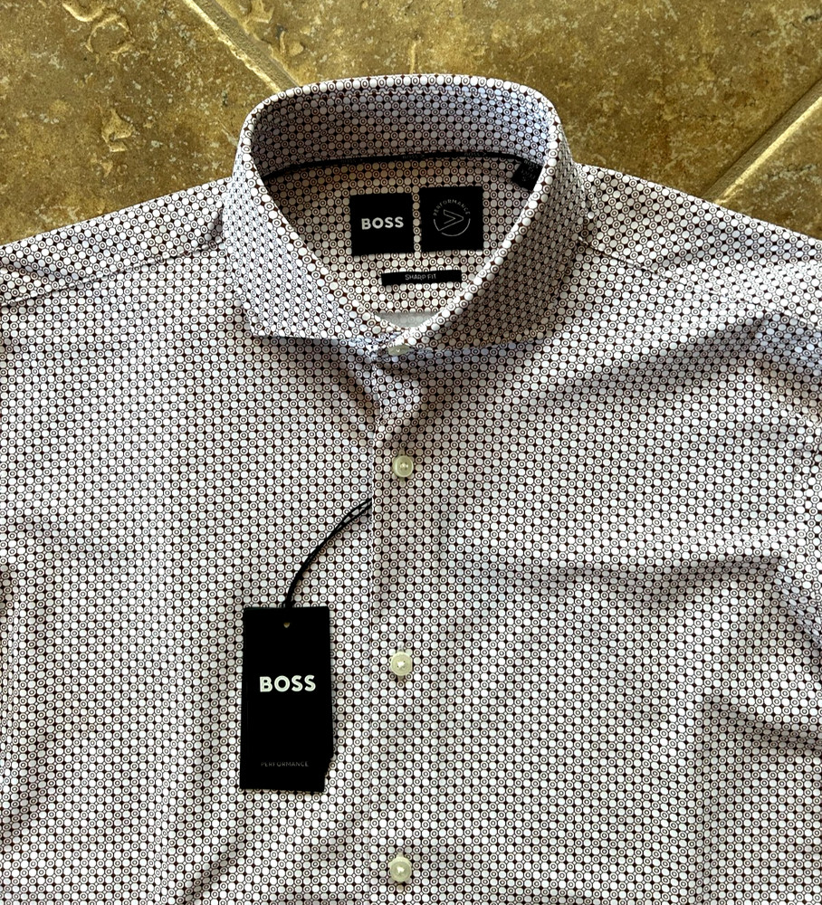 Hugo Boss Max Sharp Fit Performance Dress Shirt 15 32/33 Brown Geo $149 NWT