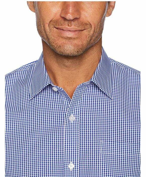 Essentials Men’s Slim-Fit Wrinkle-Resistant Long-Sleeve Dress Shirt Blue Gingham