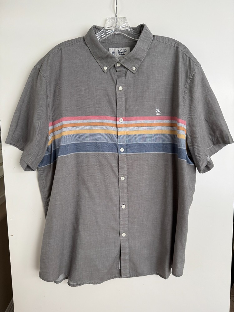Original Penguin Men’s Gray Engineered Stripe Short Sleeve Button Down Shirt XXL