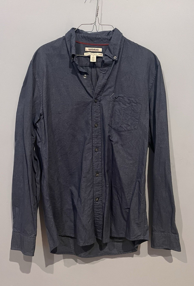 Goodthreads Men’s M Blue Solid Cotton Button-Down Long Sleeve Shirt Pockets