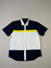Sean John Button Up Shirt Mens L Blue Yellow White Color Block Short Sleeve