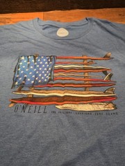Y2K O’Neill Mens XL Blue Surfboard American Flag Graphic T Shirt Surf Beach Tee