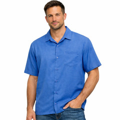 La Leela Shirt Mens M Blue Brown Rayon Short Sleeve Button Up Silky Casual Work