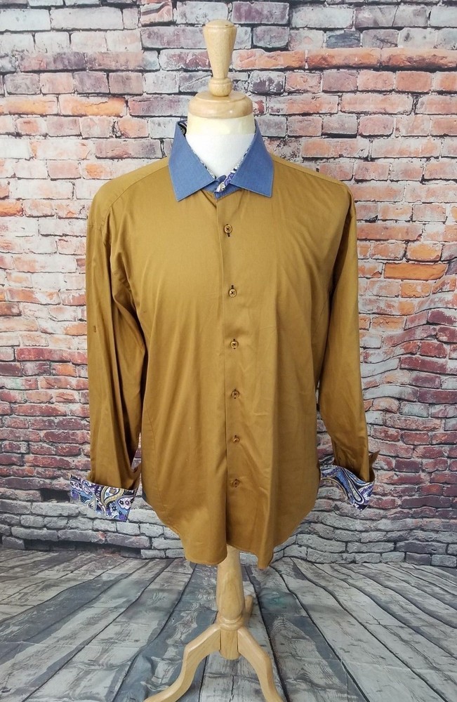 Bertigo Long Sleeve Brown Blue Button Up PAISLEY FLIP CUFFS Dress Shirt Sz 5 /XL