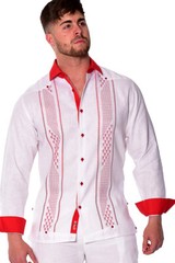 Bohio 100% Linen Fancy Guayabera Shirt for Men in White/Red Embroidered MLFG2032