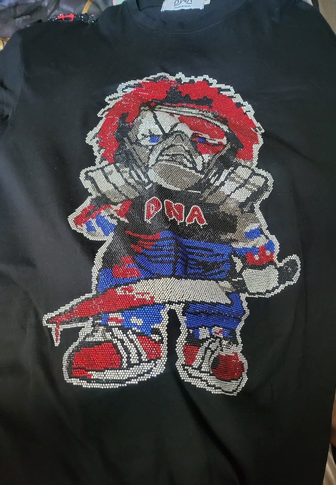Black Rhinestone Beaded Graphic Print Cotton Men’s Short Sleeve T-Shirt