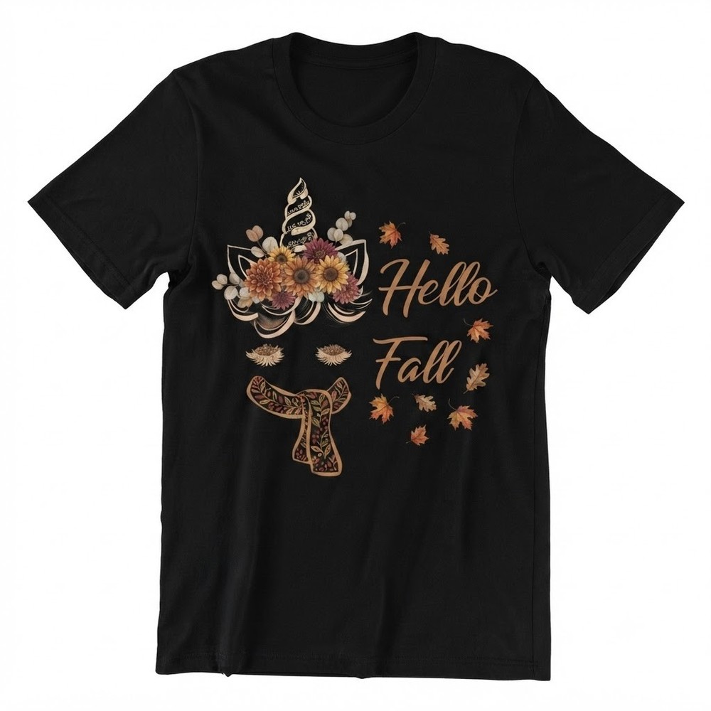 Boho Fall Floral Unicorn Face Hello Fall Autumn Scarf T-shirt For Men Women