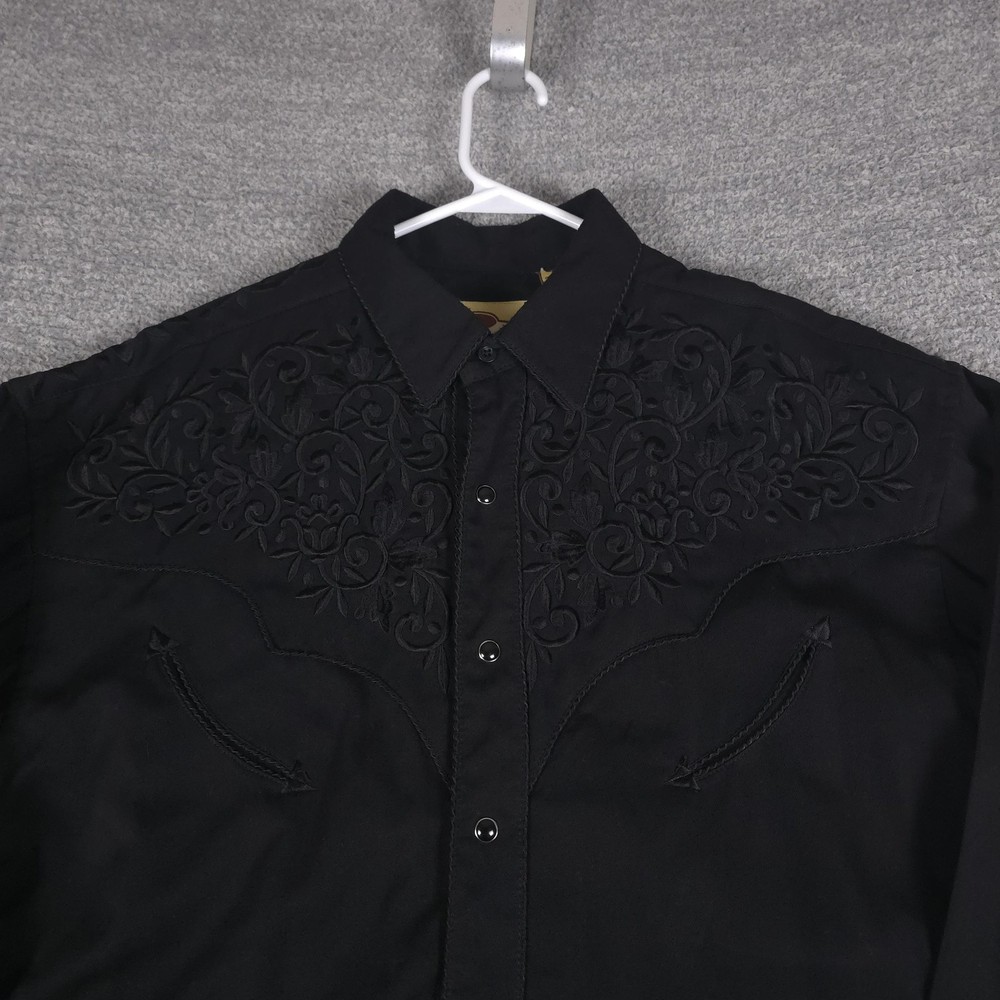 Larry Mahan Shirt Mens Large Black Embroidered Western Snap Long Sleeve Cowboy