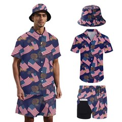 Men’s American Flag Hawaiian Shirt and Short Set 2 Piece Patriotic USA Outfit…