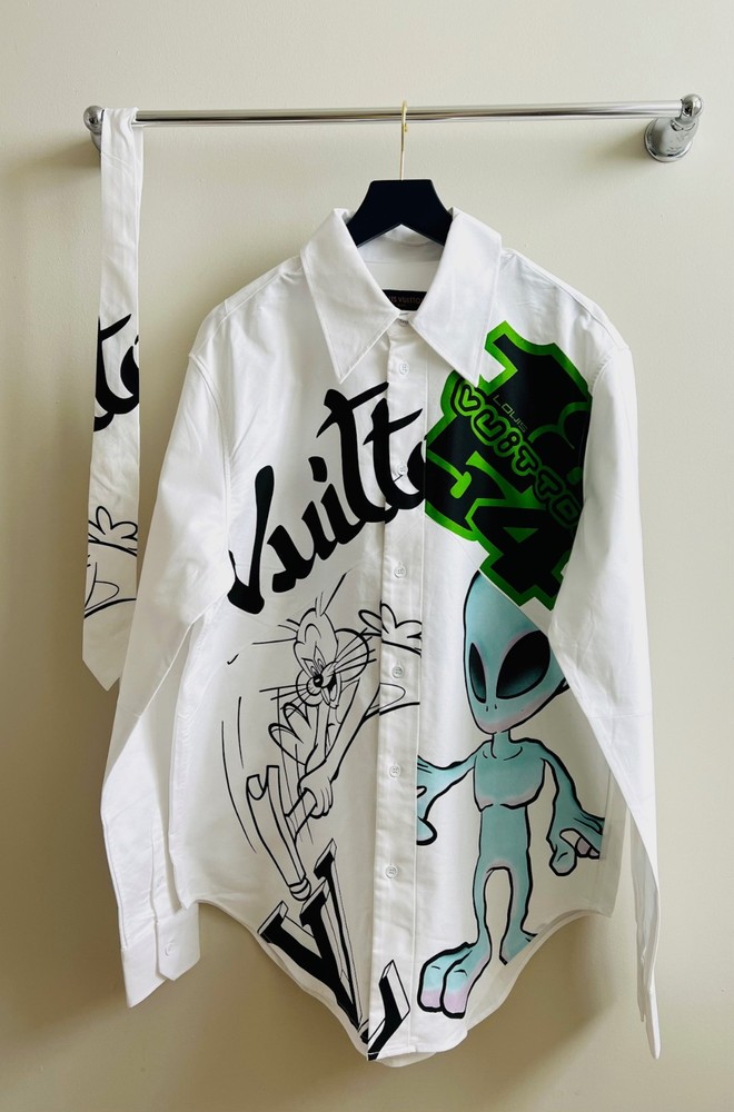 Authentic Louis Vuitton Cartoon Alien Graphic Button Down Shirt and Tie Size L