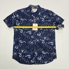 MBX Denim Wear Mens Large Navy Blue Tropical Floral Palm Button Down SlimFit NWT
