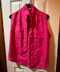 Pink Solid Sleeveless Button-Up Shirt, Point Collar, Chest Pockets, M