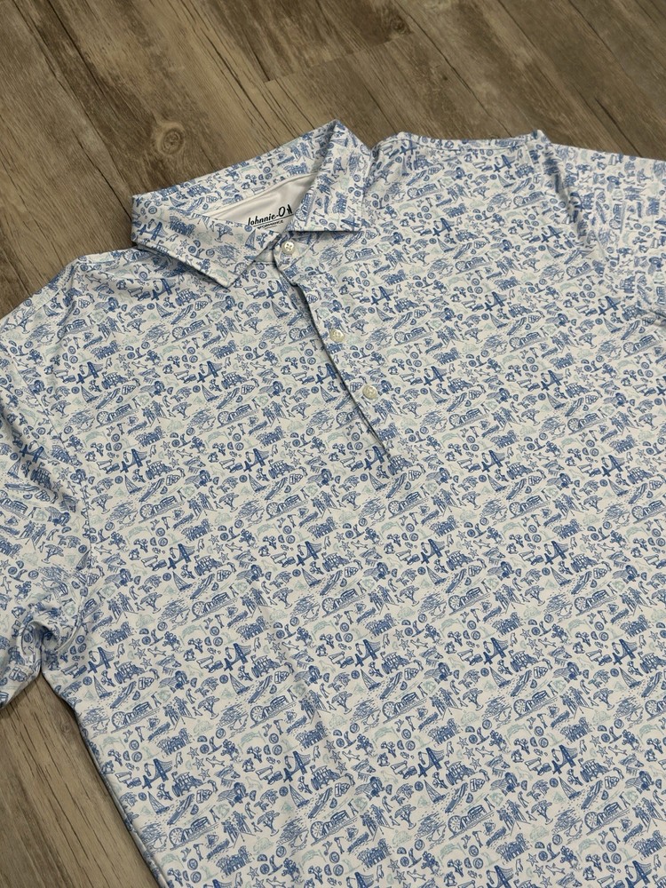 JOHNNIE O JO 20th Performance Polo Palisades Blue Size Large UPF 50 AOP