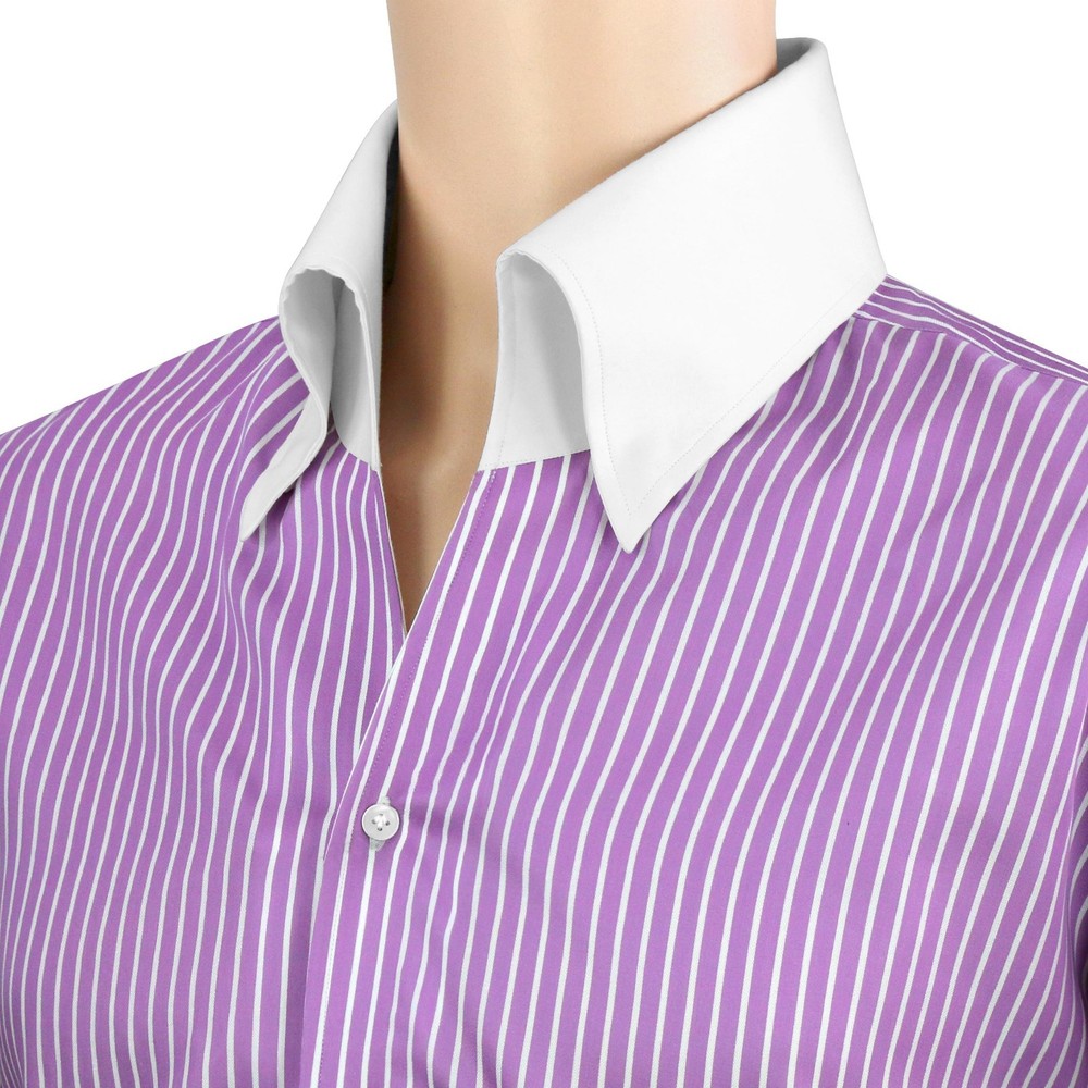 Men’s High Open Button Down Collar Shirt Lilac White Stripes Size 17 French Cuff