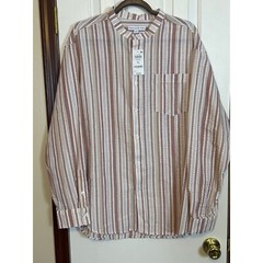 AND NOW THIS Striped Band Collar Shirt Casual Button Up Open Brown XL