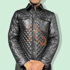 Men’s Padded Style Shirt with Front Two Pockets Genuine Lambskin Leather Shirt