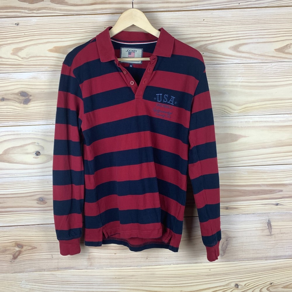 Jockey USA Originals Rugby Polo Shirt Medium Striped Long Sleeve Embroidered