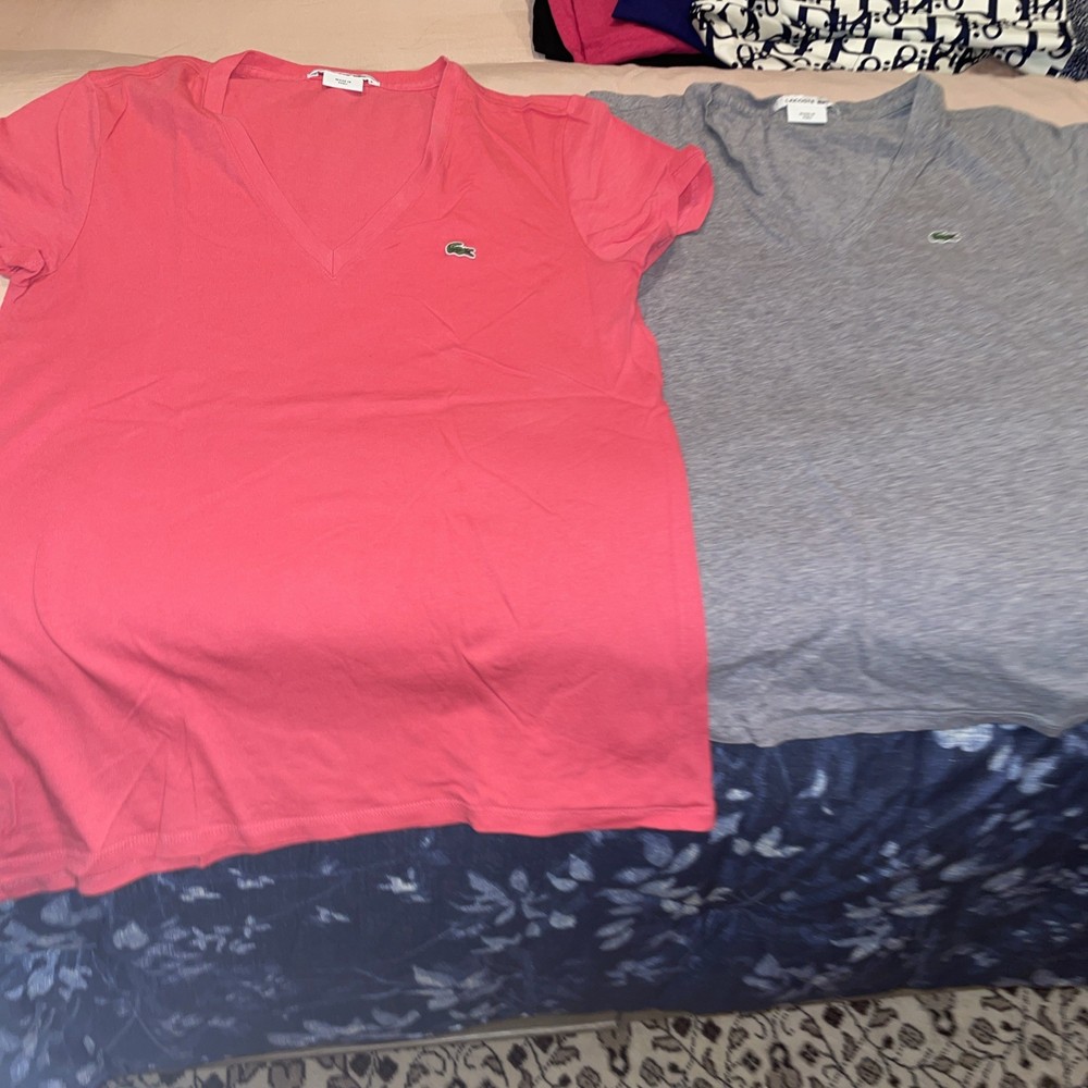 Two Lacoste Izod V-Neck T-shirts Gray Pink and Pink Short Sleeve Sz (40) Is Med