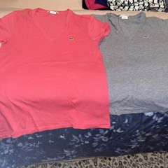 Two Lacoste Izod V-Neck T-shirts Gray Pink and Pink Short Sleeve Sz (40) Is Med