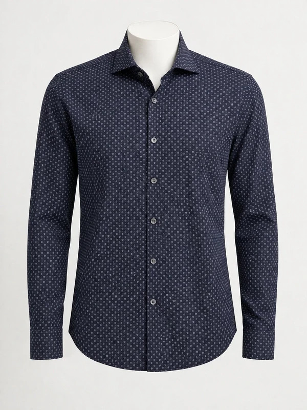 Bugatchi Navy Micro-Geometric 4 way Stretch Long Sleeve Button-Down Shirt-Large