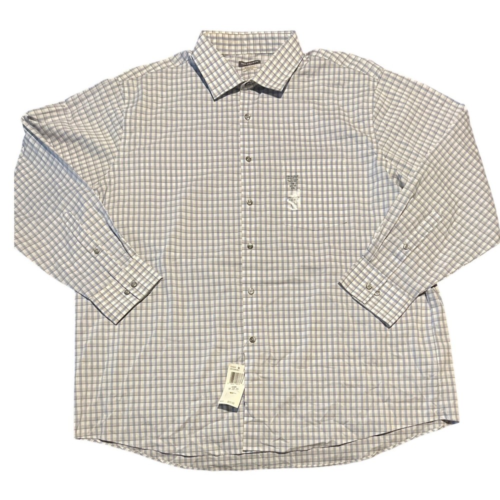 Van Heusen Flex Stretch Button Down Shirt 18 2XL Blue White Plaid Regular Fit