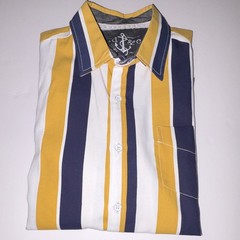 pd&c Men’s Medium Yellow White Navy Striped Short Sleeve Button-Up Shirt Pockets