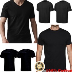 For Mens 100% Cotton Thick Basic Tee Casual T-Shirt Crew Neck V-Neck Black S-4XL
