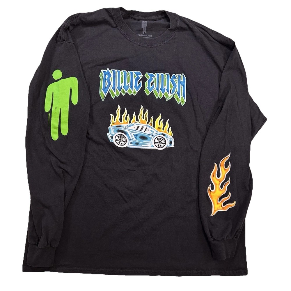 Billie Eilish World Tour, Flames Car Graphic Long Sleeve Shirt, Black, Size XL