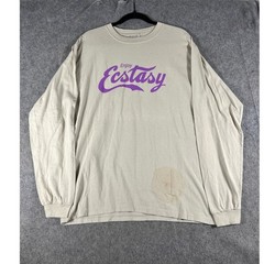 VINTAGE 90s Enjoy Ecstasy Shirt Mens Medium Beige Spellout Long Sleeve Tee Y2K
