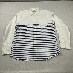 Good Threads Men’s Button Down Shirt Size: Medium 100% Cotton White Navy Stripes