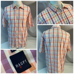 Haupt Short Sleeve Button Shirt M Men Orange Purple Plaid Romania YGI K1-559