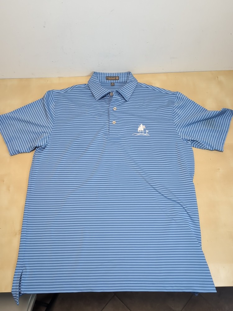 Peter Millar Summer Comfort E4 Men’s Blue Purple Striped Polo Shirt Size Medium