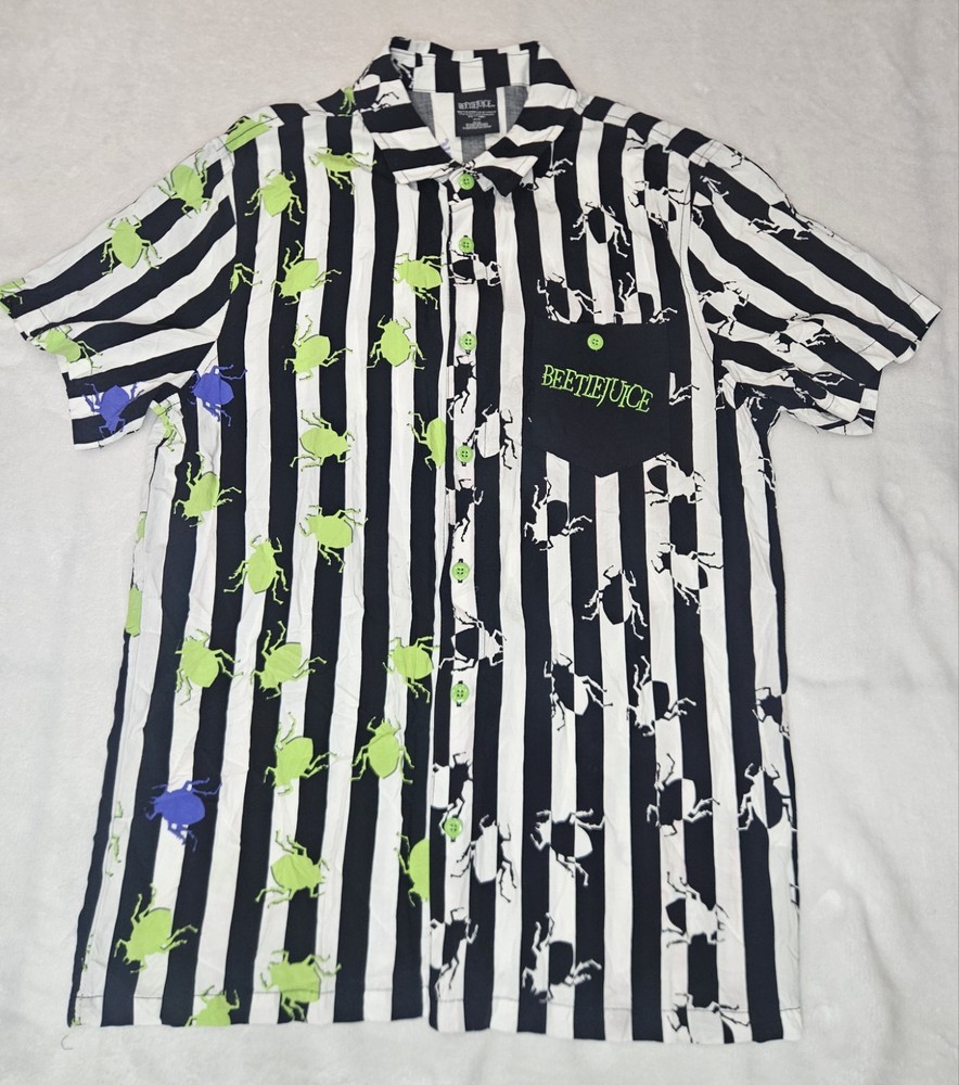 Beetlejuice Button Down Shirt Medium Black & White Stripe Purple & Green Beetles