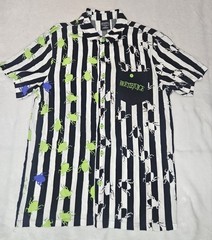 Beetlejuice Button Down Shirt Medium Black & White Stripe Purple & Green Beetles