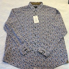 NWT Vustra Men’s Floral Pattern Button-Up Shirt – Blue & Orange Organic Cotton