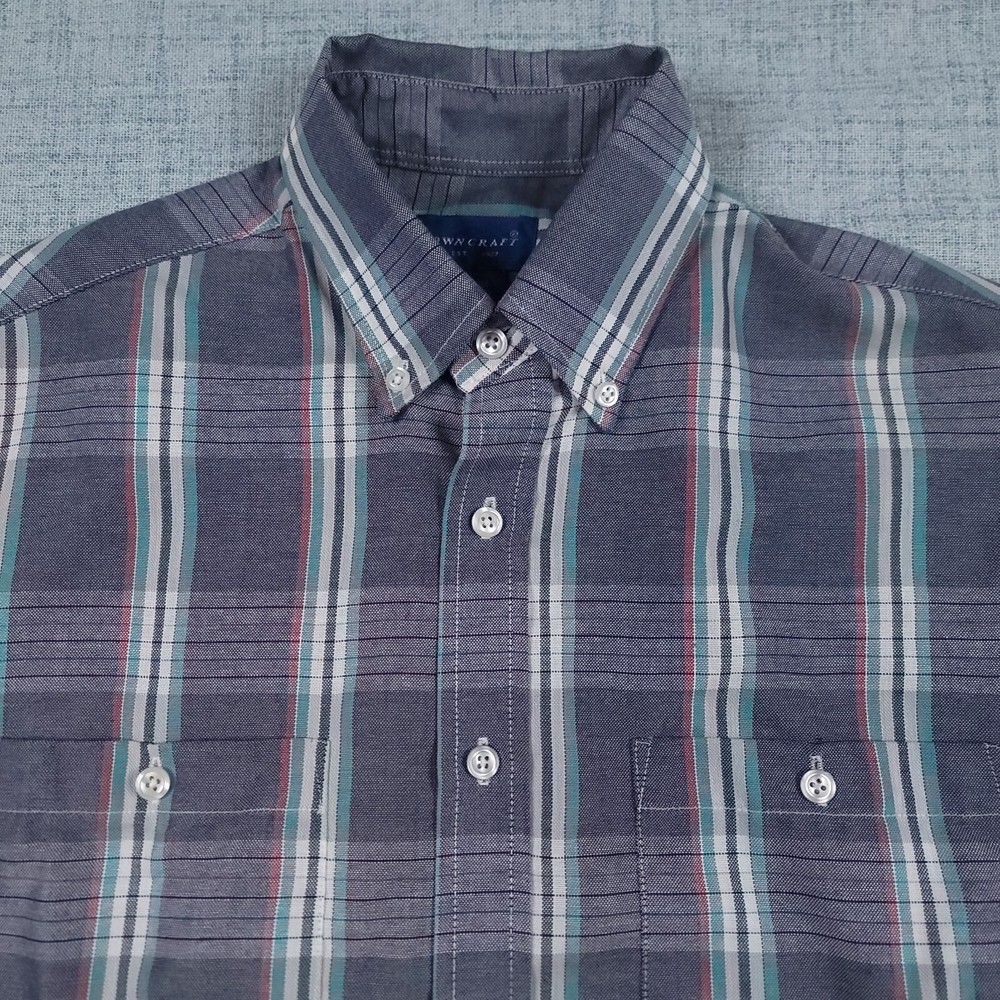 TownCraft Men’s Medium Button-Down Short Sleeve Casual Shirt Blue Plaid